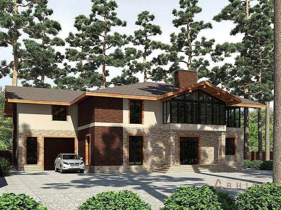 12. Проект двухэтажного дома в скандинавском стиле с многоскатной кровлей, av-590, площадью - 590 кв c терассой, балконом, гаражом